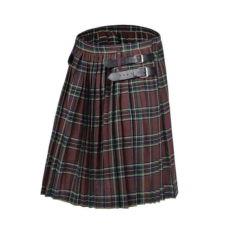 2020 Schottischer Herren-Kilt, traditioneller karierter Gürtel, plissierte bilaterale Kette, braune Gothic-Punk-Schotten-Tartan-Hose X0628