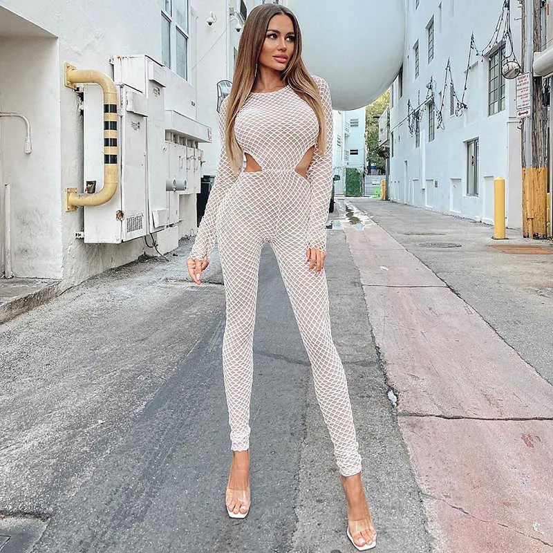 OEM Netto Net Hollow Out Sexy Damskie Jumpsu Z Długim Rękawem Grid Transparent Skinny Casual Kobiety Kombinezon Solid 210604