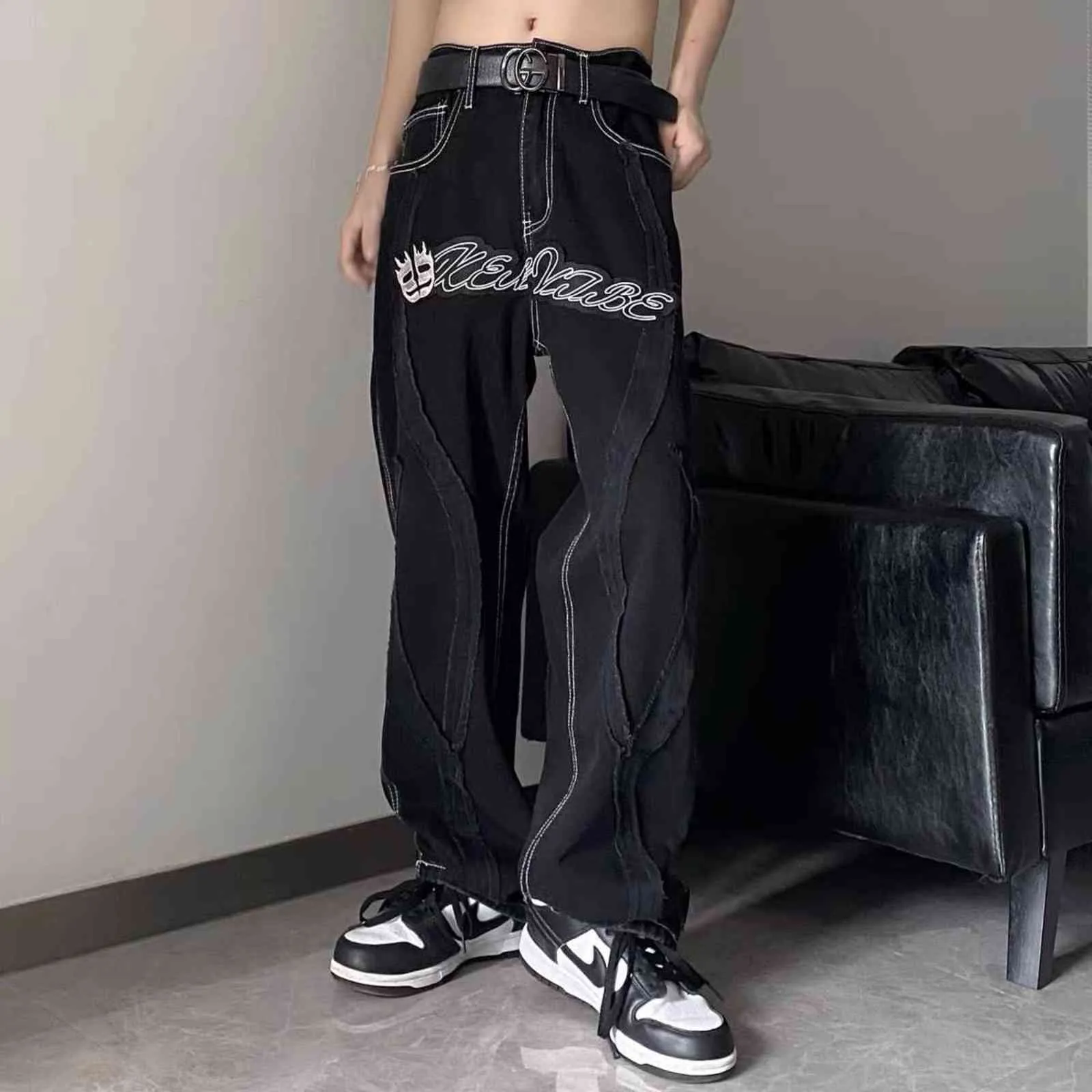 Casual Hosen Männer Retro Schädel Brief Stickerei Gothic Jeans Mode Lose Gerade Breite Bein 211111