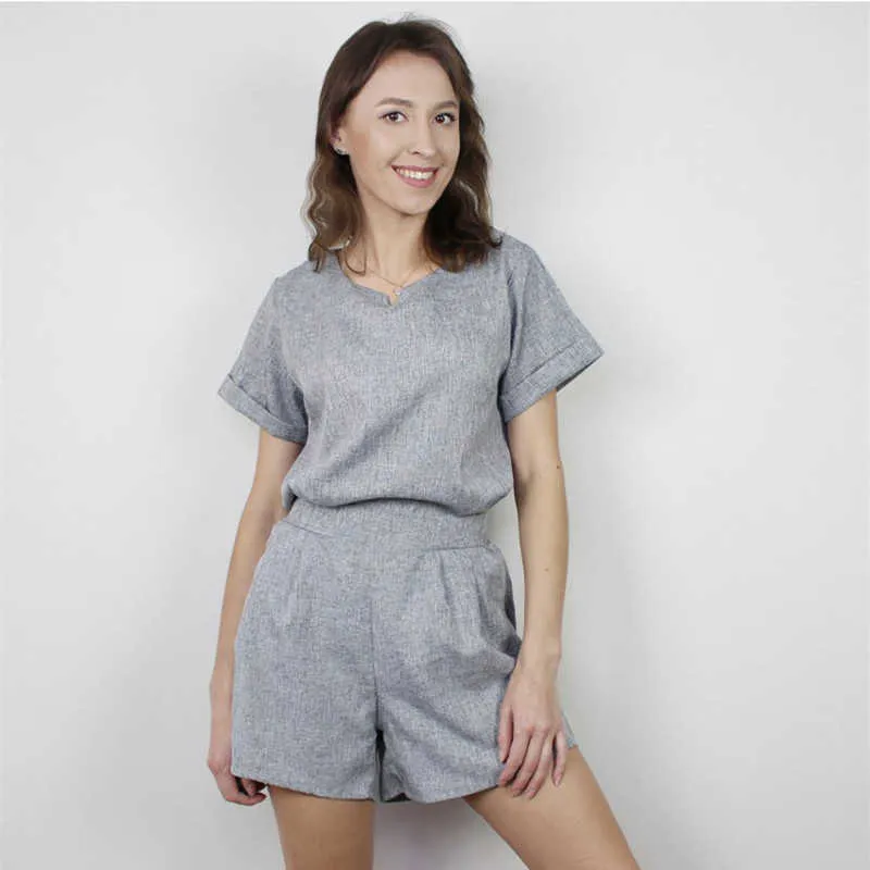 Survêtement d'été Femmes Deux Pièces Ensemble Solide Coton Lin T-shirt Hauts Et Shorts Costume Bureau Lady Loisirs Ensembles Lounge Wear Tenues Y0702