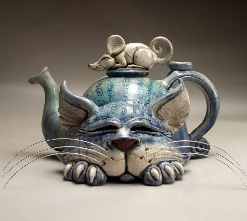 Art fait à la main chat théière diable chat créatif maison décorations de bureau chat et poisson et oiseau résine artisanat décoration de jardin 2022 220212