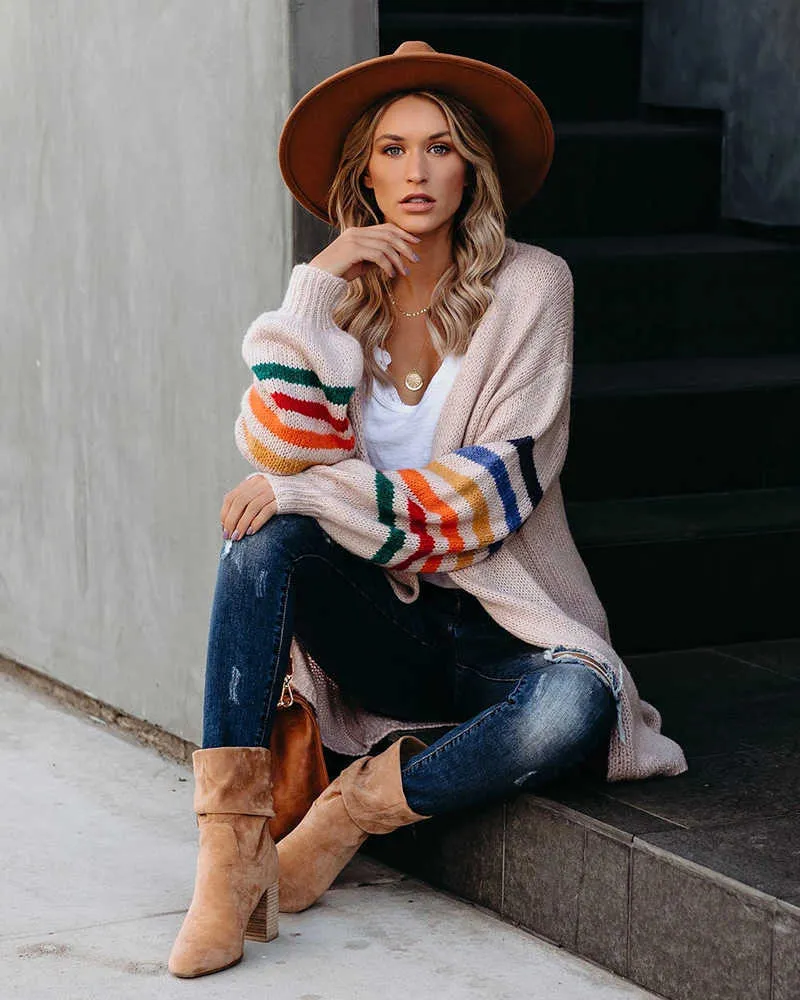 Fitshinling Rainbow Paski Boho Cardigan Winter Długi Płaszcz Kobiet Knitwear Różowe Slim Swetry Swetryki Dla Kobiet Odzież 211011