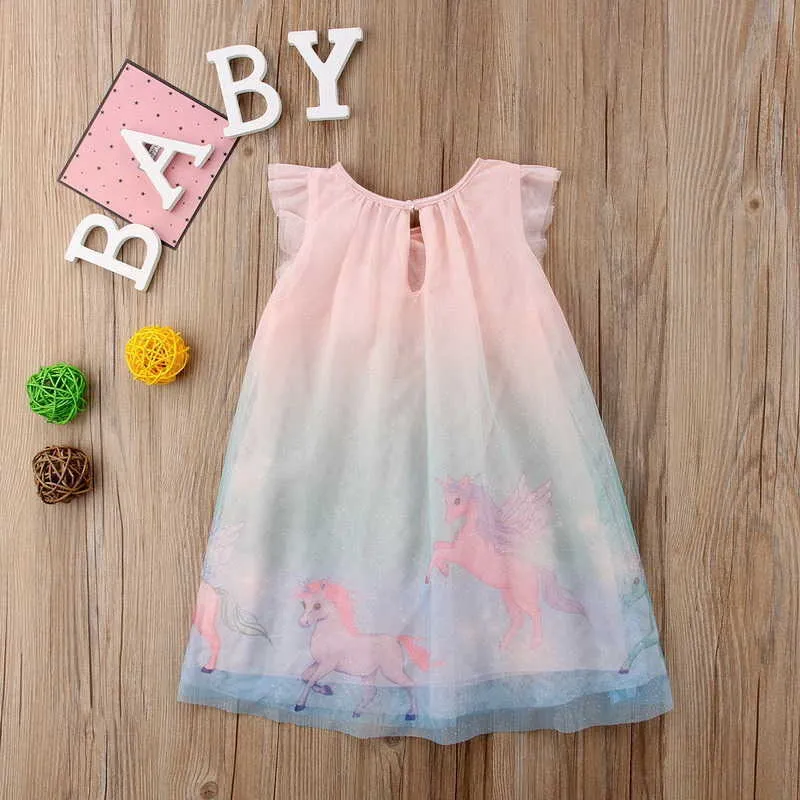 Detal Girls Dress Summer Bez Rękawów jednorożec Rainbow Różowy Baby Girl Princess Kids Clothing 1-7y E90465 210610