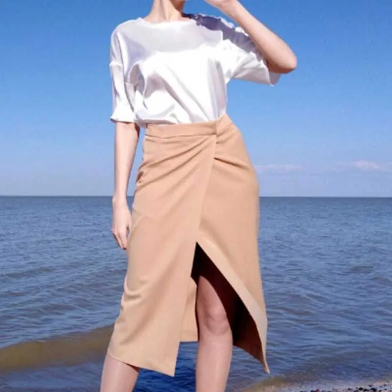 Женщины с высокой талией юбка сексуальная нерегулярная обертка передний сплит MIDI длинный прямой офис Lady повседневная стройная осень Clubwear 210621