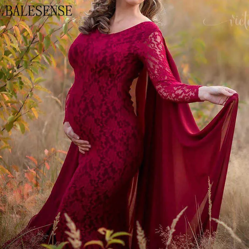 Vestido largo de maternidad de encaje vestidos para sesión de fotos vestido de embarazo de manga larga accesorios de fotografía con capa ropa de mujer embarazada X0902