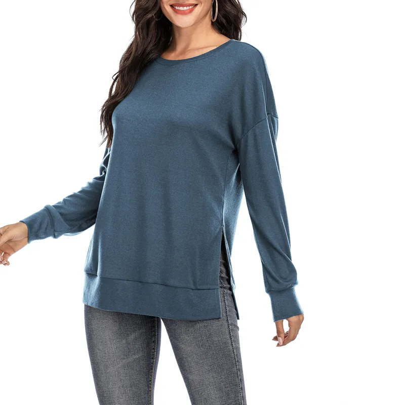 Kadın T-shirt Tam Boy Düzenli Kol Yuvarlak Boyun Katı Renk Rahat Tarzı Ince Uydurma Moda 210522