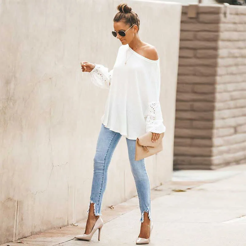 Women's Lace Shirts Sexy Hollow Out Embroidery Shirt Casual Summer Ladies Elegant White Lantern Sleeve Loose Tops W11 210526