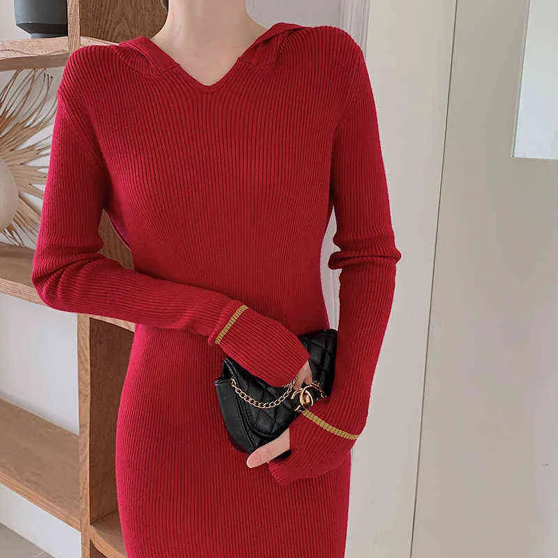 2021 autumn and winter new Korean wear finger long hooded sweater bottoming dress slim knitting needle over-the-knee dress women Y1204