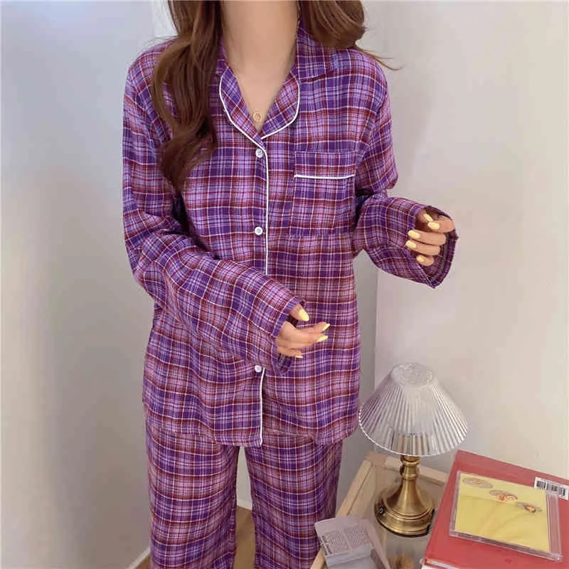 Ekose Homewear Artı Boyutu Tüm Maç Rahat Satış Geometrik Gevşek Pijama Setleri Gecelikler İki PieAce Suits 210525