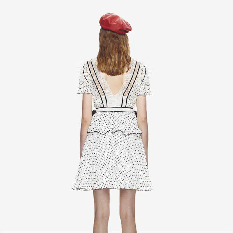 [DEAT] Sommer Mode V-ausschnitt Hohe Taille Rüschen Kurzarm Polka Dot A-linie Elegante Mini Kleid Frauen 13D024 210527