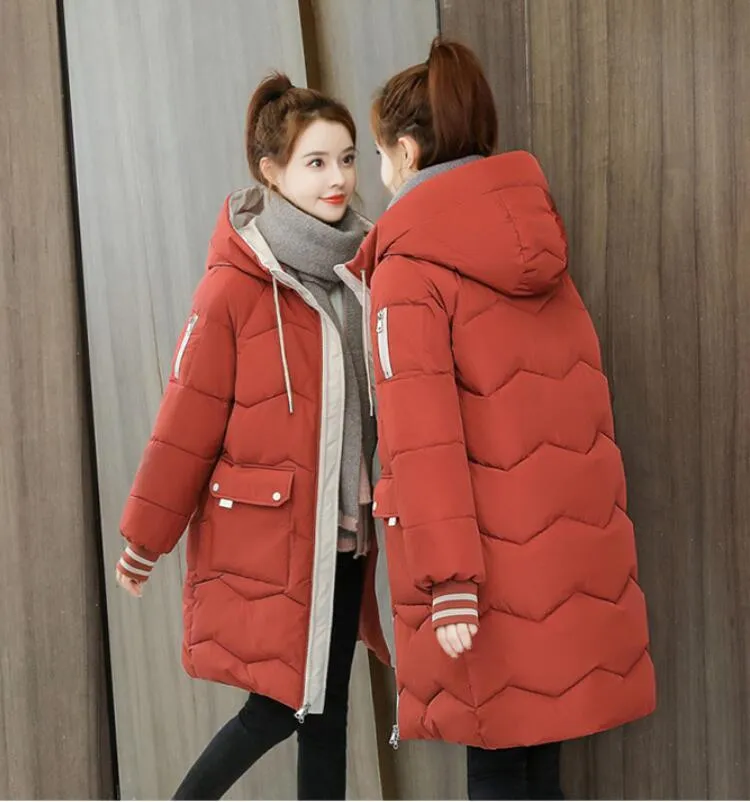 Autumn Winter Keep Warm Women Long Jackets Quilted Puffer Parkas Loose Hooded Solid Color Leisure Coat blue black 210429