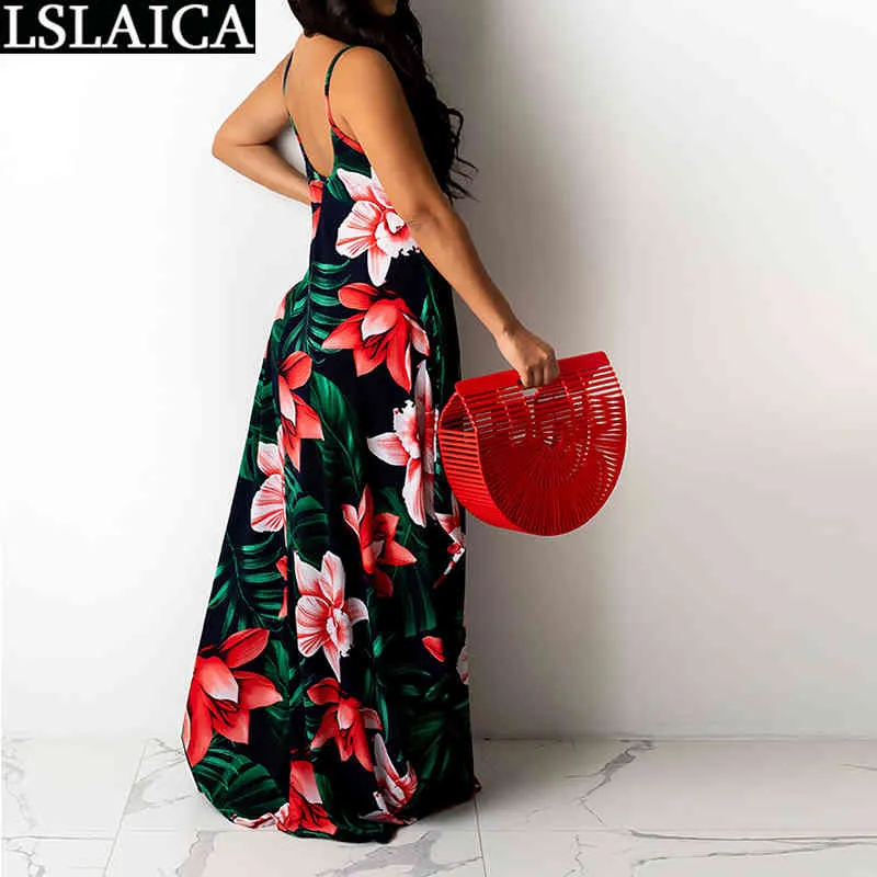 Loose Sling Long Dress Floor-Length Backless Dresses for Women Casual Fashion Sale Floral Printing Vestido De Mujer 210515