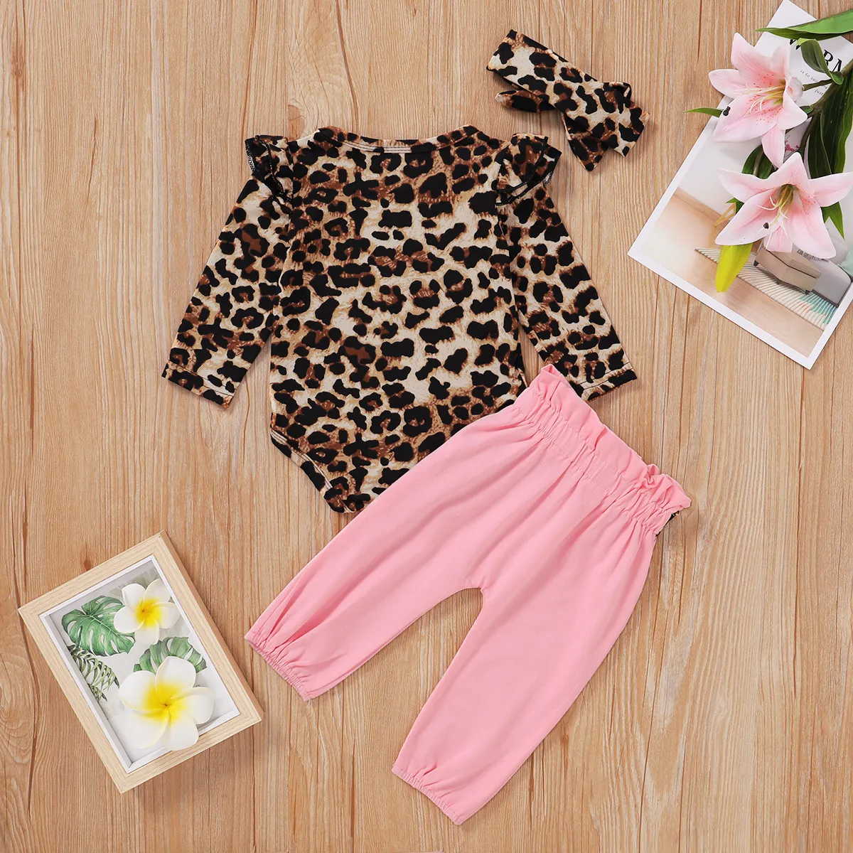 0-18M nato neonato neonate leopardo fiore vestiti set volant manica lunga pagliaccetto fiocco pantaloni abiti costumi autunnali 210515