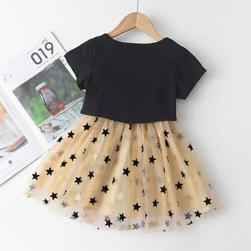 Bear Leader Kids Girls Cartoon Pattern Dress Summer Children Star Pattern Mesh Dress Party Costumes Cute Baby Clothing 3-7Y 210708