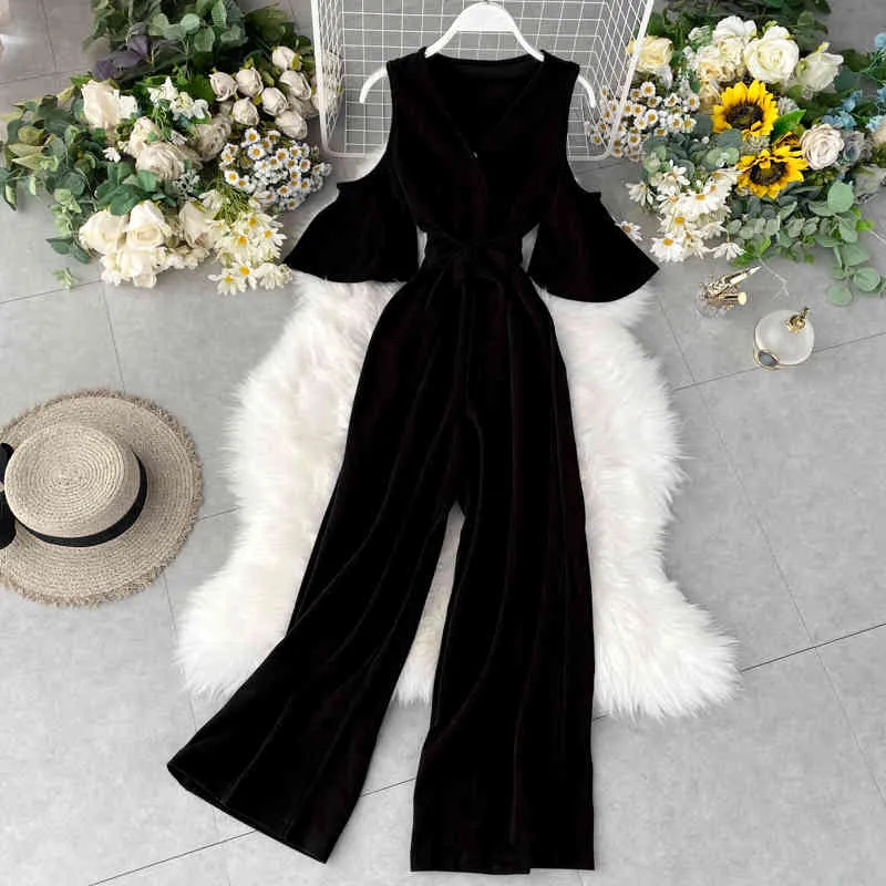 Chiffon Jumpsuit Solid Ruffles Bandage Bow High Waist OL Bodysuit Fashion Korean Hollow Out Ropa Mujer Sexy 210422