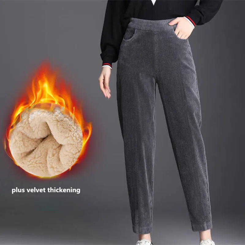 Warm Plush Thick Casual Pants womens Corduroy Autumn Winter Warm Pants Female Korean High Waist Harem Pants Loose Ladies Trouse