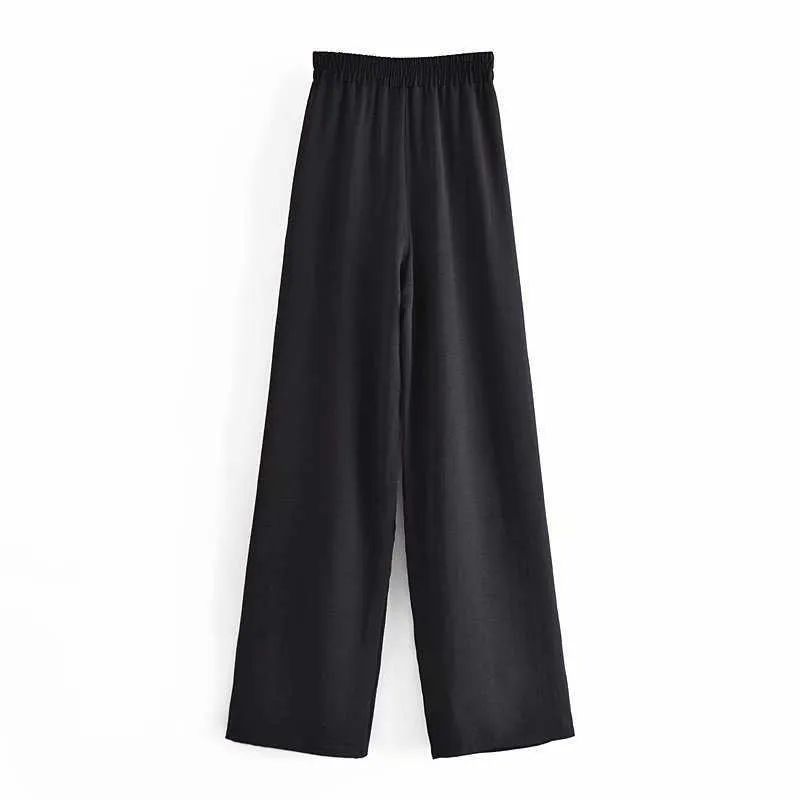 Za Black High Taille Flowy Pantalon d'été Femmes Élastique Avant Darts Attaché Large Jambe Féminine Chic Vintage Pantalon 210915