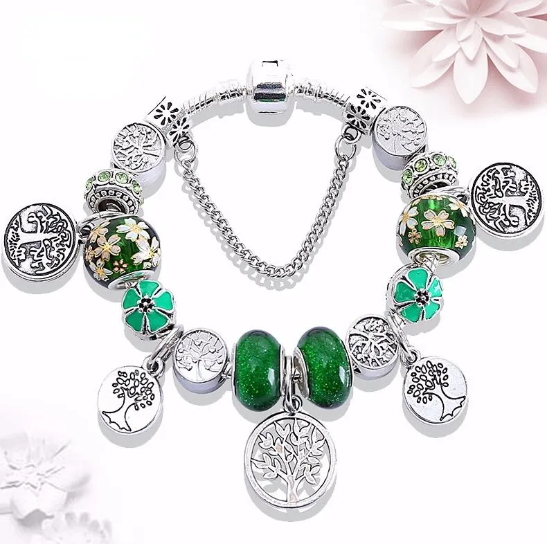 European and American New Olive Green Flower Bracelet Forest Wind Tree Seedling Pendant Large Hole Crystal Beaded Ancient Silver B8081406