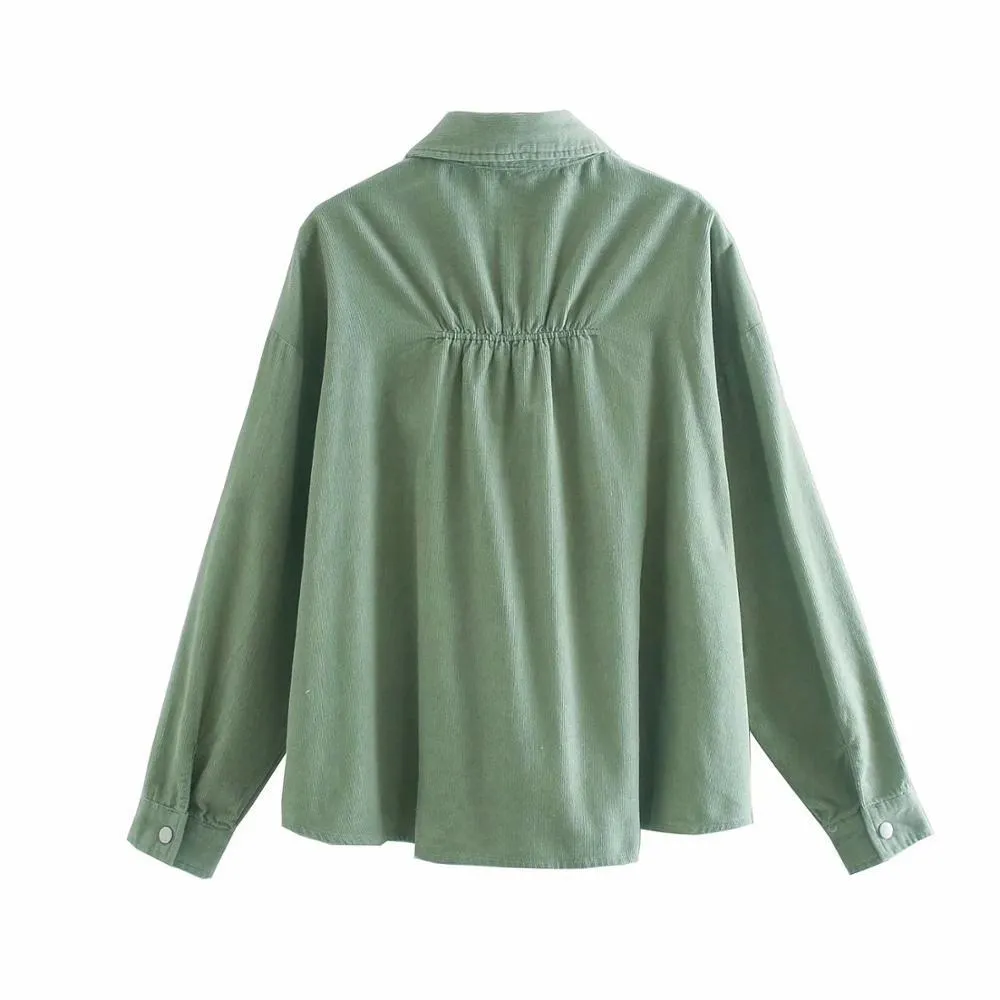 Kobiety Solid Corduroy Batwing Rękaw Vintage Bluzka Collar Collar Loose Top Button Up Green Koszula Feminina Blusa Overshirt 210520