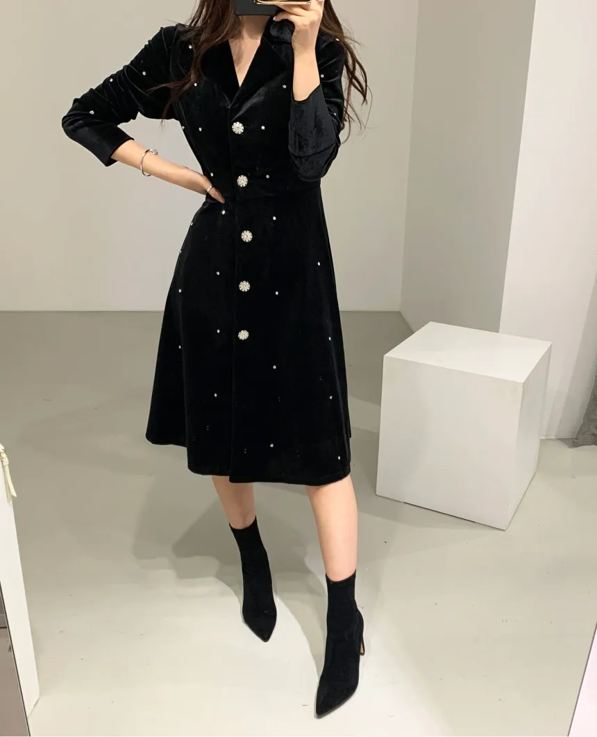 Korean Vintage Velvet Beading Notched Collar Dress Women Full Sleeve A-line Dresses Elegant Office Female Vestidos Femme 210513