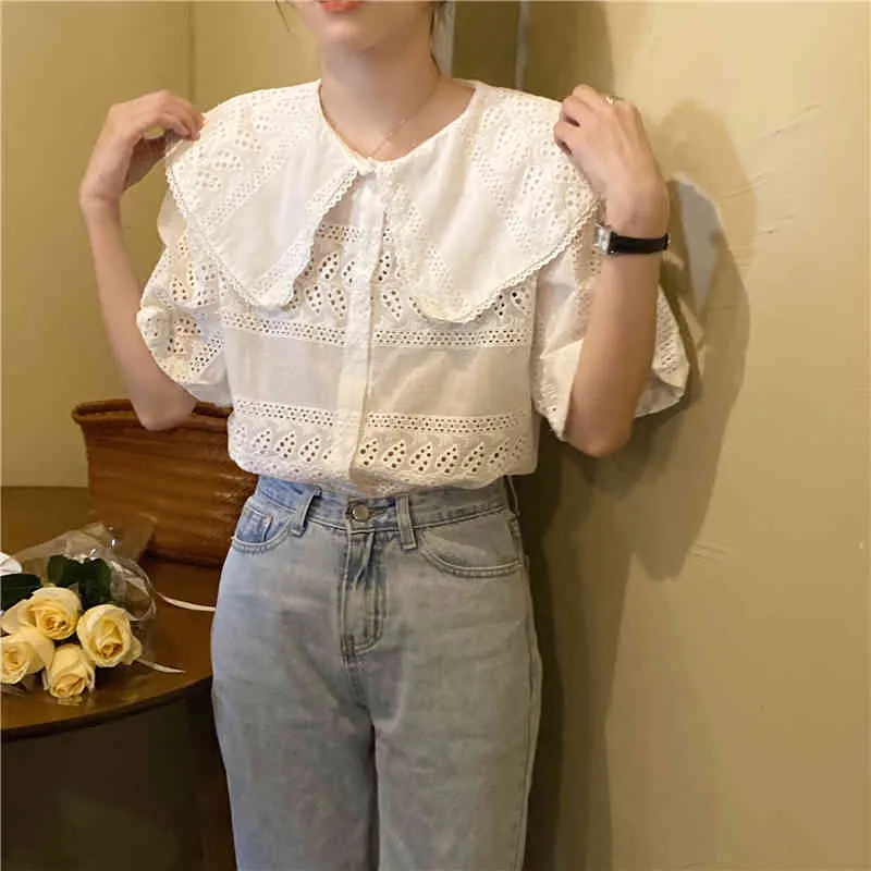 Chic Vintage Shirt Peter Pan Collar Short Sleeves Solid Loose Fashion All Match Casual Streetwear Blouses 210525