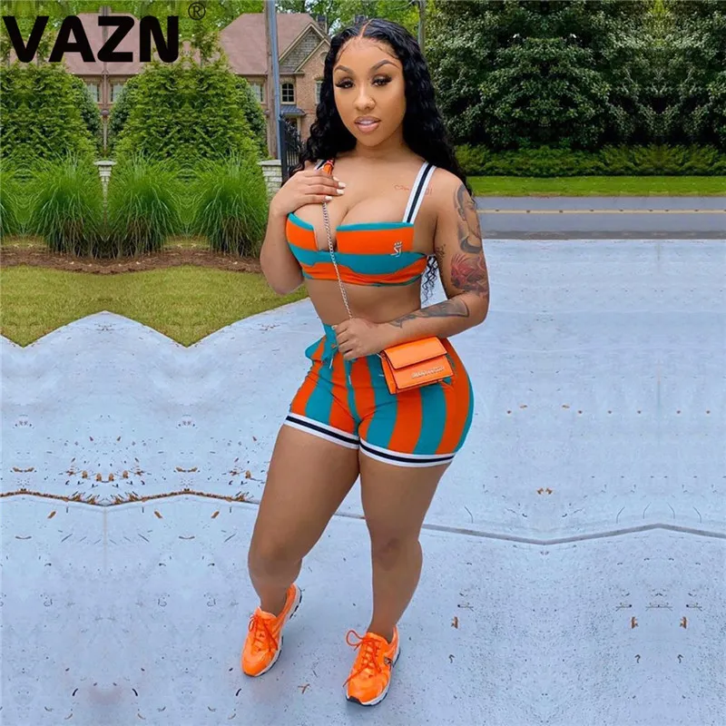 VAZN 2020 Summer Hot Striped Plus Size Beach Hollow Out Open Young Designer Mini Bikini Top Short Pants Slim Women Set X0428