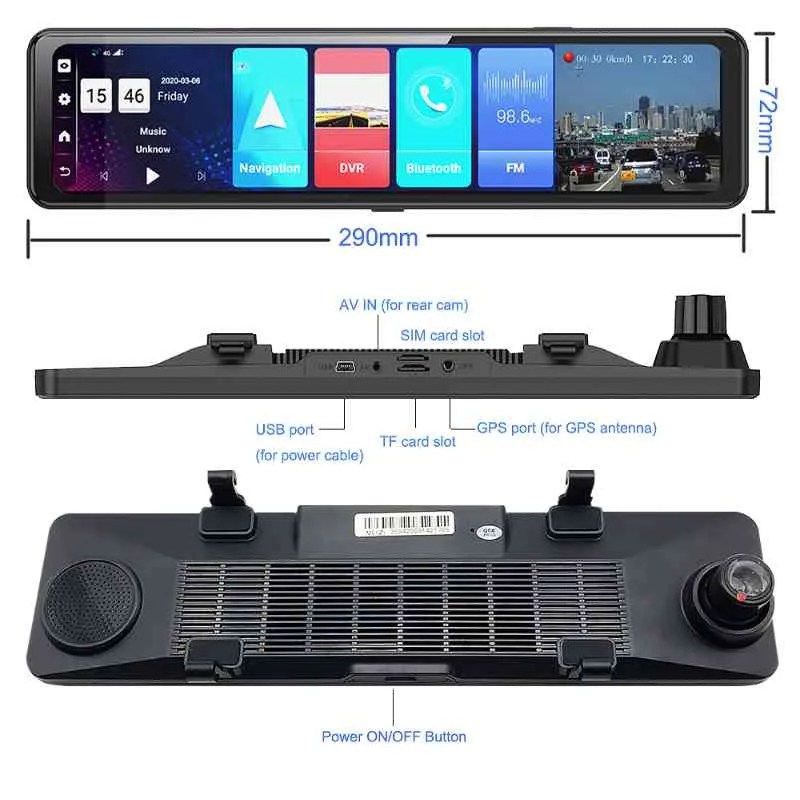 Voiture DVR HD 1080P 12 pouces 4G Android rétroviseur GPS Dash Cam 4G + 32G double objectif enregistreur Auto caméra registraire DVR