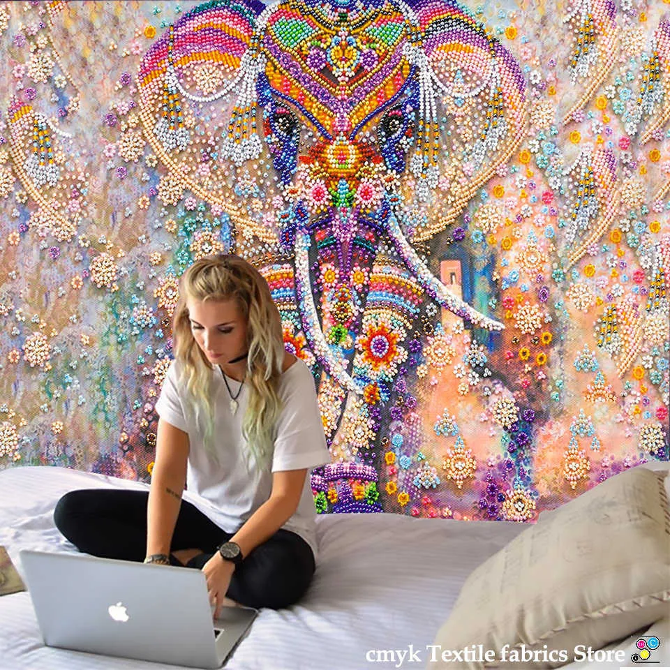 Coloré perle éléphant tapisserie 3D mosaïque Style Hippie Boho tapisseries murales Mandala tissu tapis salon décor 210609
