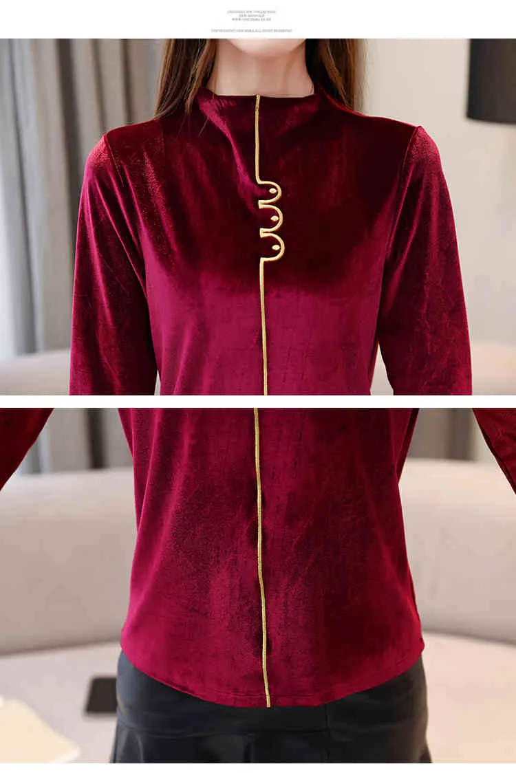 Velvet Tshirt Women Pleuche Mock Neck Embroidery Long Sleeve Tops For Fall Winter Bottoming T09403W 210421