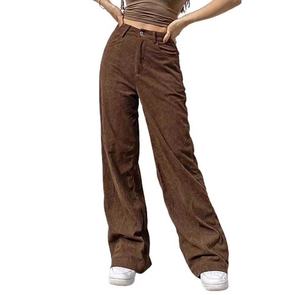 Vintage Genç Patenci Kız Stil Baggy Pantolon Streetwear Kadife Moda Yüksek Bel Kahverengi Pantolon 210925
