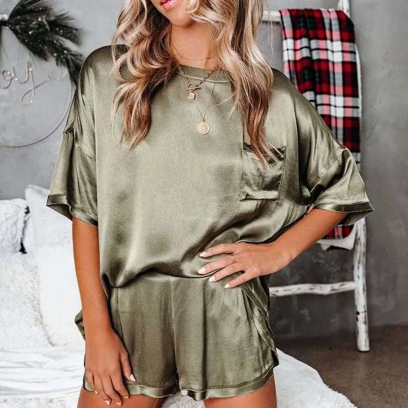 Silk Pajama Zestaw Kobiety Wiosna Letni Salon Zestawy Seksowne Jedwabne Sleepwear Home Garnitur Luźne PJS Kobiety Satin Piżamy Kobiet Q0706