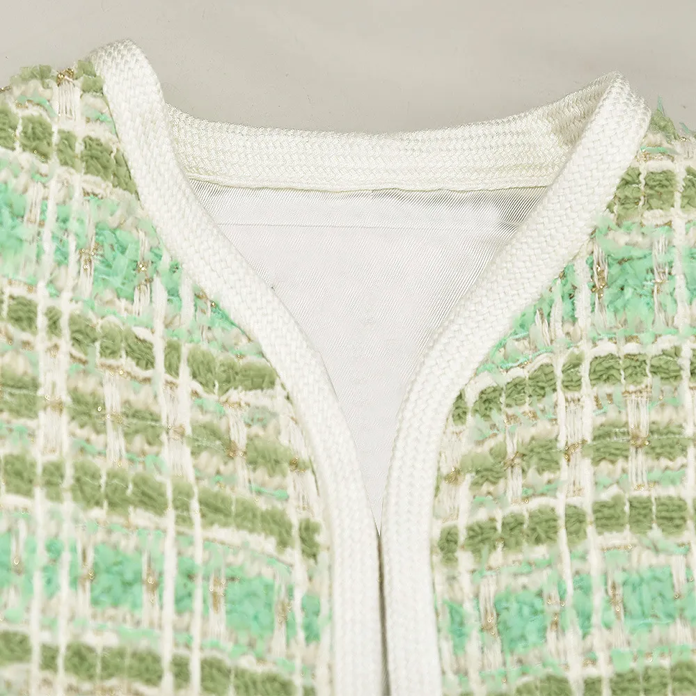 2021 осень осень с длинными рукавами V декольте зеленый куртка французский стиль плед твид панель контрастные отделки куртки турнирные пальто G123056