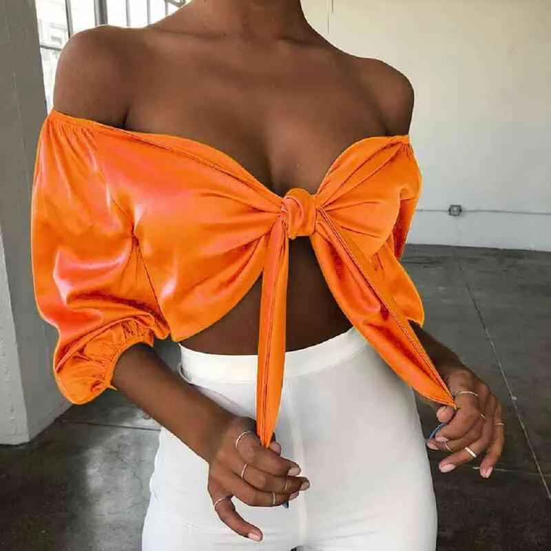 2021 Newest Sexy Women Silk Satin Off Shoulder Crop Tops Slash Neck 3/4 Sleeve Bow Tie Cropped Party Tee Shirts Female Clothes Y220304