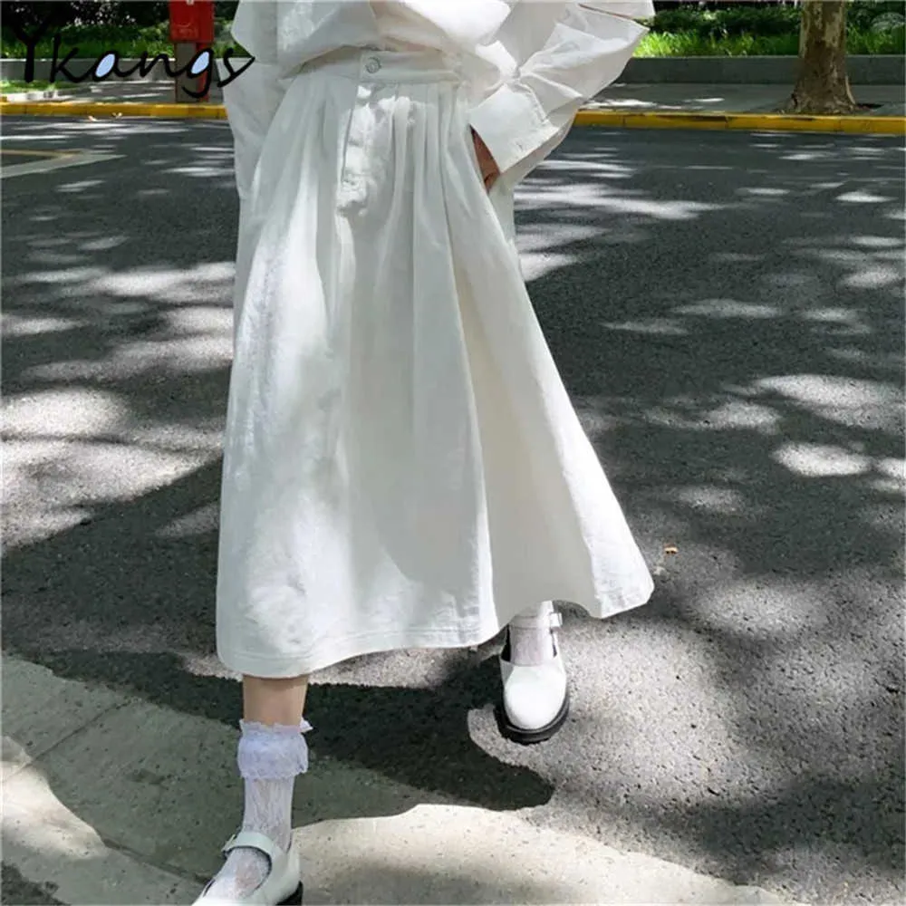 Midi Langer Faltenrock Frauen Mode Sommer Casual Einfache Feste Schwarz Weiß Eine Linie Hohe Taille Rock Weiblichen Koreanischen Stil 210619