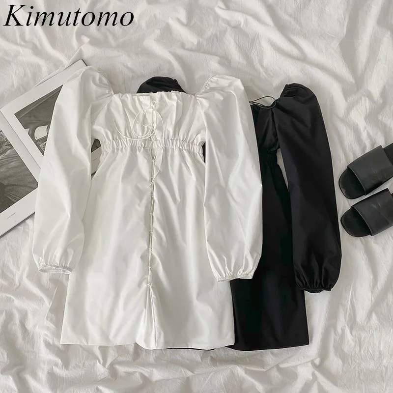 キムトモソリッドカラードレス春韓国風女性正方形襟長袖弾性ウエストショートドレスファッション210521