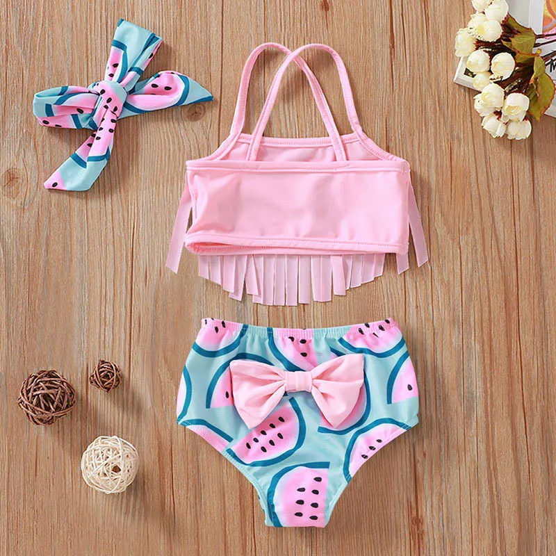 Baby Girl Beachwear Baddräkt Sommar Söt Vattenmelon Tryckt Tassel Sling 3 st Toddler Kläder 210611