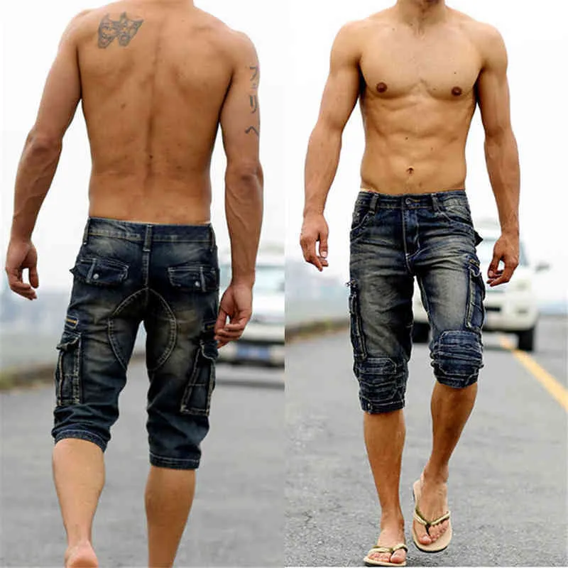 ABOORUN Summer Mens Cargo Denim Shorts Multi tasche Pantaloncini di jeans in cotone lavato retrò uomo YC1070 H1210