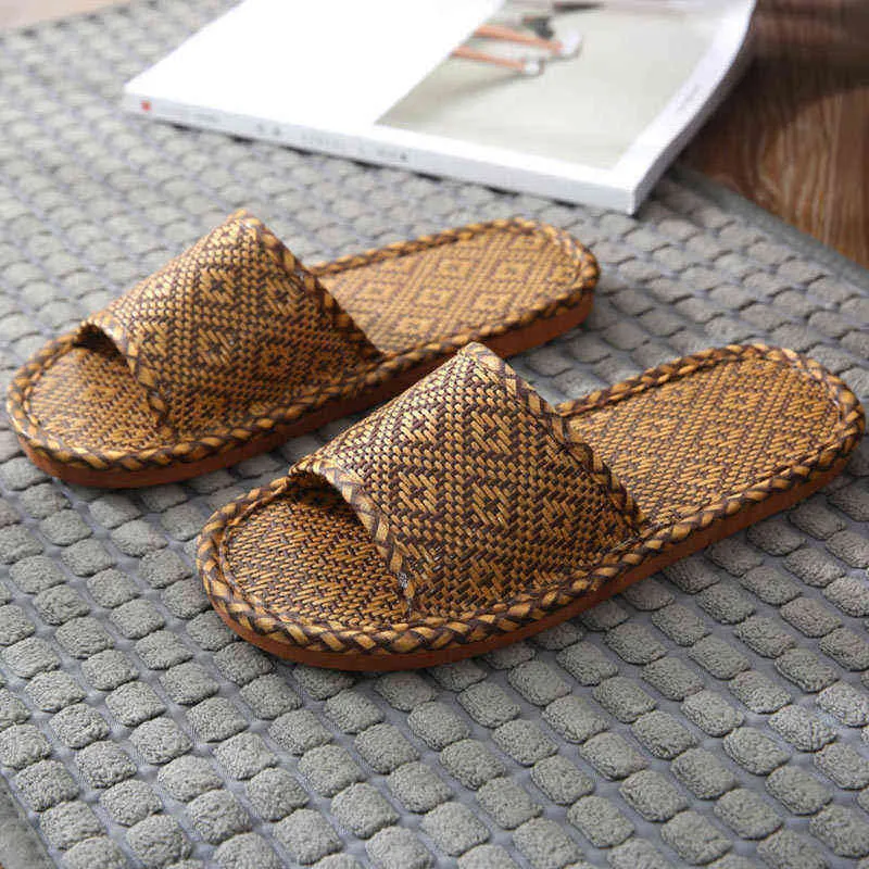 Straw-bambu sandaler och tofflor för kvinnliga par att använda inom inomhus och hem fritid, slitstarka slitstarkt svettabsorberande Y220214
