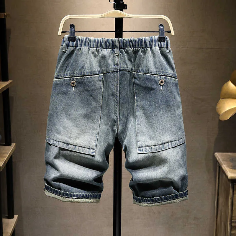 Summer Elastic Waist Drawstring Loose Straight Denim Shorts Classic Style Ripped Men's Fashion Casual Lightweight Jeans 210531