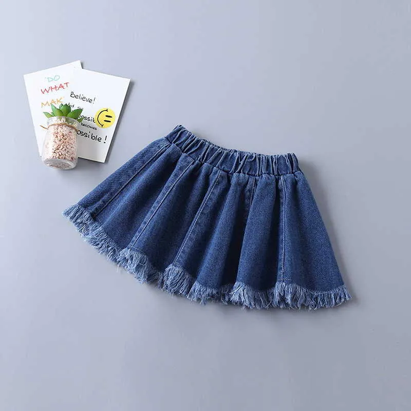 Lente kinderen meisjes 2-pcs sets effen kleur ruches lange bladerdeeg + denim elastische taille rok kinderkleding E1911 210610