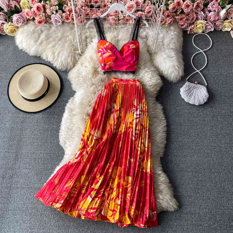 Ezgaga Zweiteiliges Set für Damen mit Blumenmuster, bauchfreies Tanktop, ärmelloses Leibchen, elegante hohe Taille, Faltenröcke, Urlaub, lässig, 210430