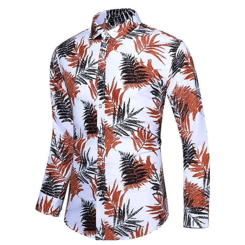 Красочные лист напечатанные мужские рубашки вечеринка праздник социальные мужские платья рубашки повседневная стройная подходящая кнопка Chemise Homme Streetwear Tops Male 210524