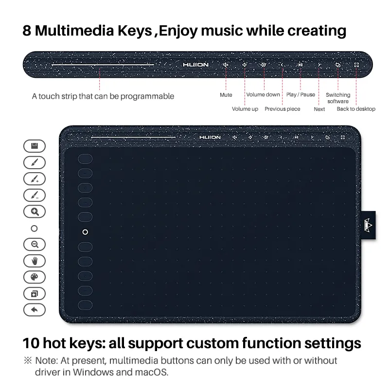 HUION HS611 Grafiktablett, 8192 Stufen, digitale Zeichentabletts, Express-/Multimedia-Tastenleiste, batterieloser Stift mit Neigungsfunktion