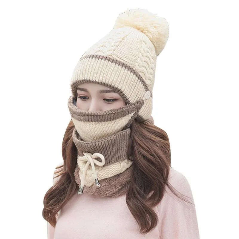 Mulheres Chapéu Cachecol Conjuntos de Inverno Cap Máscara Gola Proteção Facial Meninas Tempo Frio Acessório Bola De Malha Wool1875