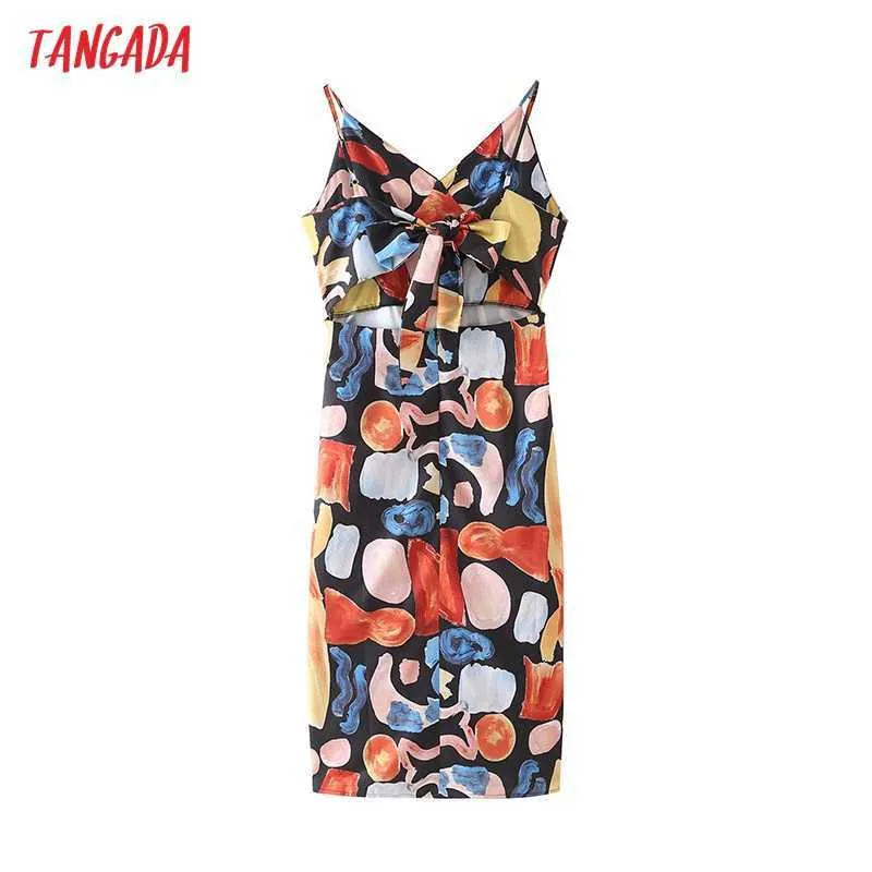 Tangada Summer Fashion Donna Stampa Strap Dress Senza maniche Backless Bow Abito longuette casual femminile 4T40 210609