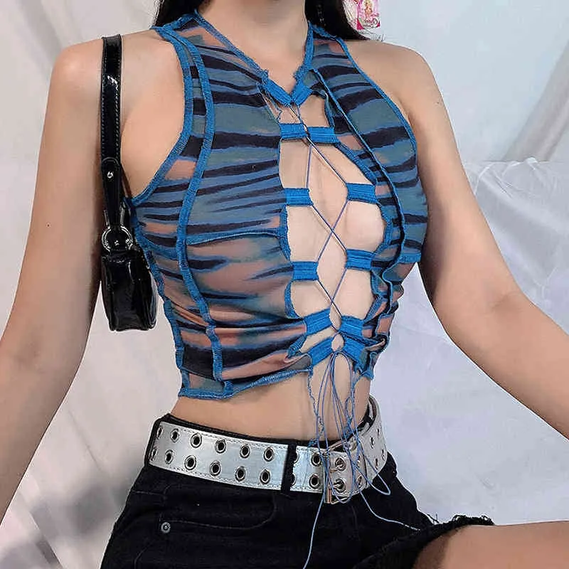Sexy Hollow Out Lace Tie Up Crop Tank Tops Summer Women Patchwork Bandage Vest Blue Party Clubwear Outfits Streetwear Top 210517