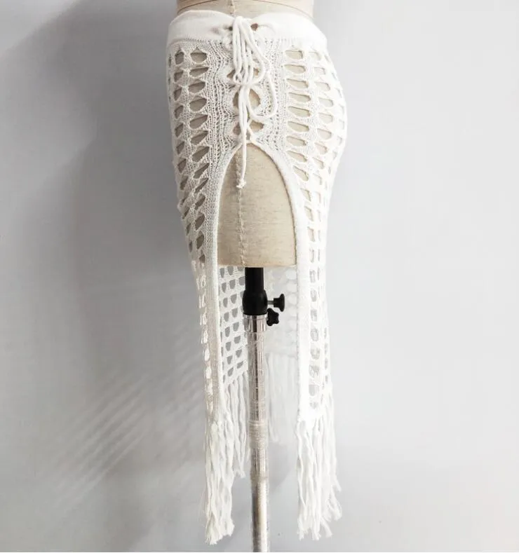 BOHO Summer Tassel Lacing up Tie Bow Side Slit Skirt Elegant Women Knitted Hollow Out Hole Mid Long Beach Skirts White 210429