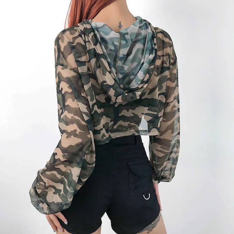 Top corto de camuflaje Yedinas para mujer, Tops transparentes de malla transparente, camiseta Sexy de manga larga con capucha, ropa de calle Y2k Tie Dye primavera 210527