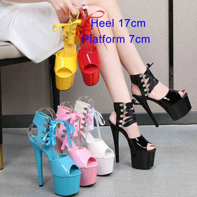 Sandaler Skor för kvinnor Ny Pole Dance Gladiato High-Heeled 15cm Clear Crystal High Heels Ladies Platform Stripper 220121