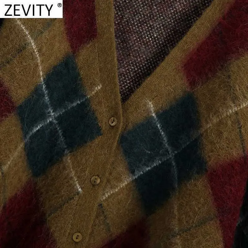 Zevity Femmes Vintage V Cou Motif Géométrique Cardigan Tricot Pull Dames Chic Simple Boutonnage Casual Rétro Tops S498 210603